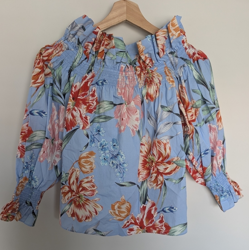 Christy Lynn Women Cotton Floral Printed Off The Shoulder Blouse Blue Size Small - Picture 7 of 10
